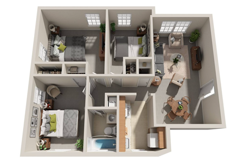 Floor plan for 3 beds, 1 bath, 922 sqft